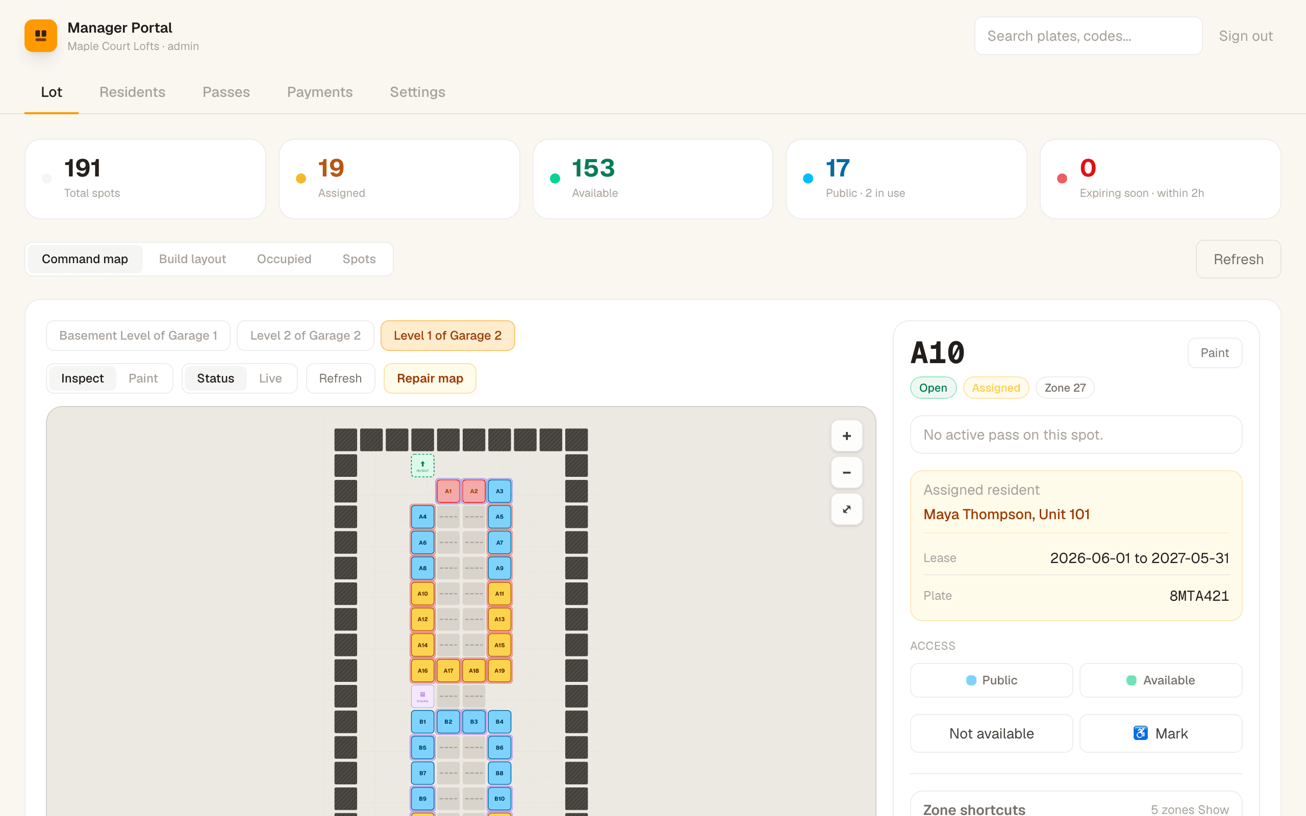 ParkFlow manager — Command map