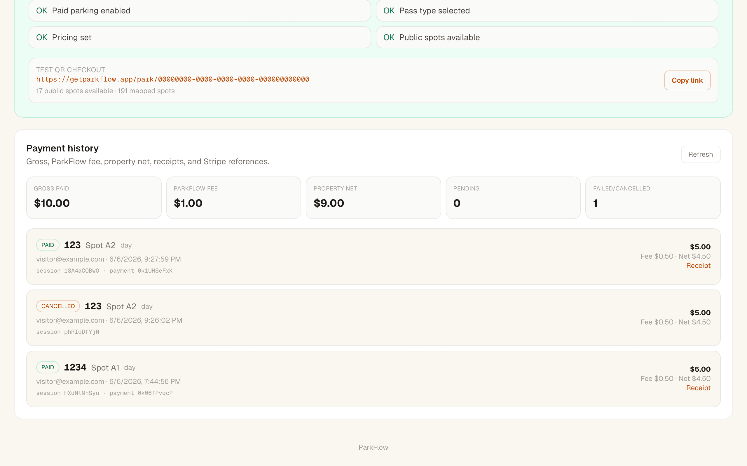 ParkFlow manager — Payments & payouts